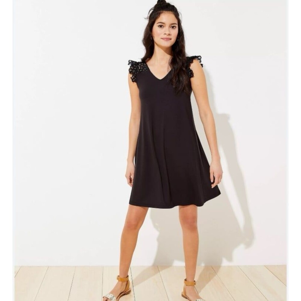 LOFT Black Lace Ruffle Swing Mini Dress Medium NWT
